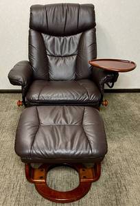 Benchmaster Leather Recliner with Attached Side Table plus Ottoman