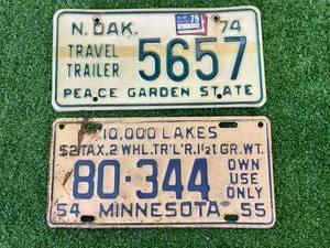 lot 159 image: 1954 MN License Plate & 1974 ND Travel Trailer License Plate