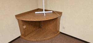 lot 12 image: Wooden moveable corner open cabinet and fan