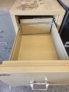 lot 13 image: Cream colored FireKing 4 drawer fire-proof file cabinet