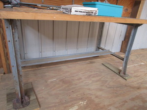 lot 98 image: Work Bench With Butcher Block Top, Shelf Brackets