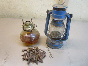lot 167 image: Vintage Kerosene Lamp, Lantern, Keys