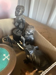 box of misc  wood carved items and more