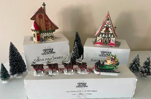 lot 7 image: Retired Dept. 56 Heritage Village Series Candy Cane &  Peppermint Shop and Gift Wrap and Ribbons Two Piece Lot With Lights