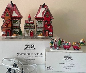 lot 33 image: Retired Dept. 56 LOT North Pole Series North Pole Dolls and Santa Bear Works, Last Minute Delivery