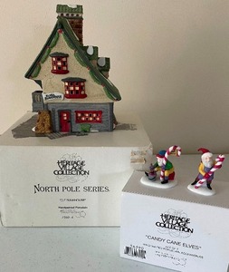 lot 35 image: Retired Dept. 56 North Pole Series Elf Bunkhouse with Candy Cane Elves Original Boxes