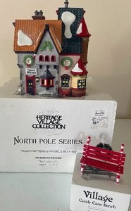 lot 56 image: Retired Dept. 56 North Pole Series Tasseys Mittens and Hassels Woolies with Candy Cane Bench Original Boxes #5622-7