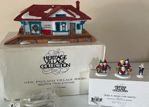 lot 9 image: Retired Dept. 56 Heritage Village New England Village Series  Weston Train Station and Sing a Song for Santa North Pole Series with Boxs and Light