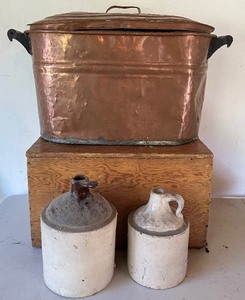 lot 69 image: Copper Boiler with Lid, Vintage Crocks and Wood Box