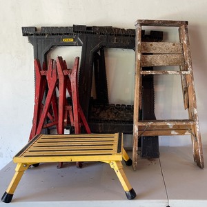 lot 18 image: Sawhorses LOT - Pair of Stanley Plastic, Four Metal Build Your Own, Wooden Ladder, Metal Stepstool
