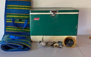 lot 16 image: Camping LOT- Vintage Metal Coleman Cooler, Fishing Reels, Picnic Mat, 
