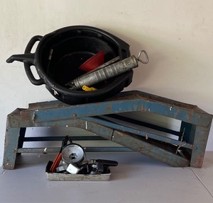 lot 19 image: Vehicle Maintenance LOT - Pair of Metal Car Ramps, Oil Filter Wrenches, Grease Gun
