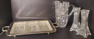 lot 85 image: Waterford Crystal Column Tower Candle Sticks and American Brilland Lead Crystal Pitcher