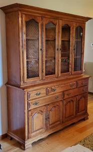 lot 104 image: Two Piece Oak Hutch, Lighted with Glass Shelves