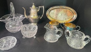 lot 112 image: Crystal and Silverplate Lot Hofbauer Bird Crystal Footed Serving Dish 4