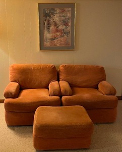 lot 132 image: Chair Set with Ottoman and Matching Artwork