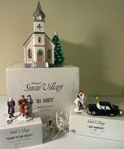 lot 142 image: Dept. 56 Original Snow Village Series All Saints Church and Going to the Chapel and Just Married