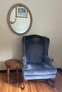 lot 92 image: Blue Wingback Chair, Wall Mirror and Side Table