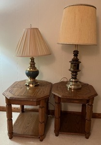 lot 152 image: Set of End Tables and Brass Lamps