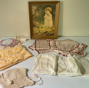 lot 169 image: Vintage Childs in Meadow Framed Art and Crocheted Linens