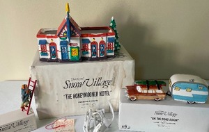 lot 223 image: Dept. 56 The Original Snow Village Honeymooner Hotel with On the Road Again and Man on the Ladder