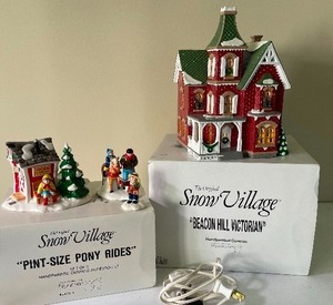 lot 225 image: Beacon Hill Victorian  and Pint Size Pony Rides Dept. 56 Original Snow Village