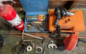 lot 97 image: Plumbing Soldering Lot Plumbers Torch, Drain Snake, Pipe Cutter