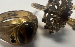 lot 208 image: Lot of 3 Rings 10K Gold Filled Tigers Eye and Costume Jewelry