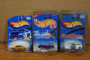 lot 160 image: 3 Hot Wheels Cars - Error Mercedes Card, 58 Corvette, Fred Meyer Hot Rod