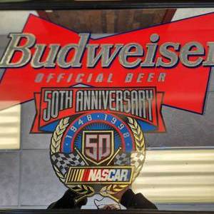 lot 31 image: Large Budweiser Official Beer 50th Anniversary NASCAR Mirror Sign Man Cave Bar