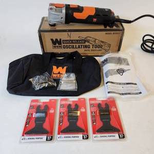 lot 52 image: WEN MT3537 3.5A Quick-Release Variable Speed Multi-Function Oscillating Tool Kit Bonus 3 Craftsman 2 12 Blades