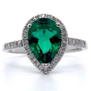 NEW Natural Diamond & Simulated Emerald Pear Halo Ring in 14k White Gold VIDEO