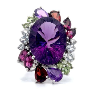Vibrant Topaz, Peridot, Garnet & Amethyst Cluster Floral Bouquet Estate Ring in Gold VIDEO