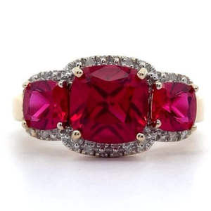 Three-Stone Simulated Ruby & Natural Diamond Halo Ring in Yellow Gold VIDEO