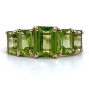 Vibrant Lemon-Lime Emerald Cut Peridot Five-Stone Estate Ring in Yellow Gold VIDEO