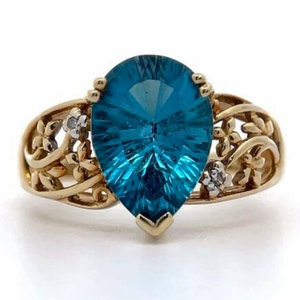 Pear Blue Topaz & Diamond Accent Openwork Garden Vine Estate Ring in Yellow Gold VIDEO