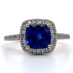 NEW Cushion Checkerboard Cut Blue Sapphire & Diamond Halo Ring in 14k Yellow Gold VIDEO