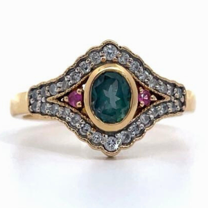Indicolite Tourmaline & Pink Tourmaline Diamond Vintage Style Ring in Gold VIDEO