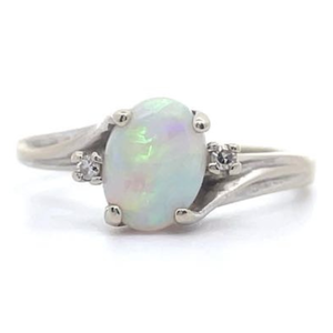 Oval Cabochon White Opal & Diamond Three-Stone Curved Ring in 14k White Gold VIDEO