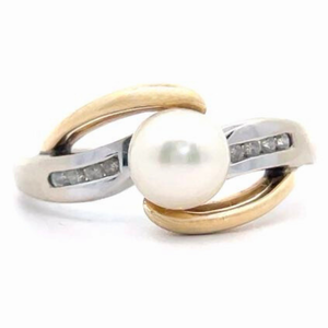 White Pearl & Diamond Channel Orbital Bypass Ring in 14k Two-Tone Gold