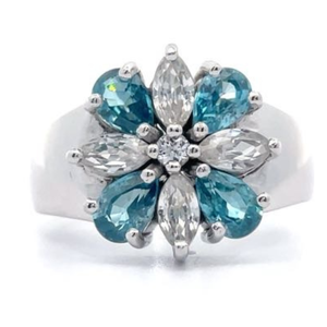 Mixed-Cut Blue & White Topaz Cluster Flower Ring VIDEO