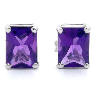 Vibrant Purple Rectangular Amethyst Stud Earrings in 18k White Gold