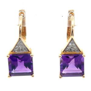 Stauer Amethyst & Diamond Drop Dangle Leverback Wire Earrings in Yellow Gold