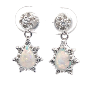 White Opal & Diamond Cluster Drop Earrings in 14k White Gold