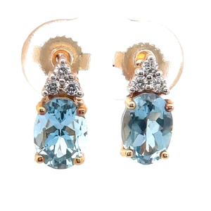 Oval Blue Topaz & Diamond Cluster Trio Drop Earrings in Yellow Gold
