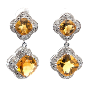 NEW Citrine & Diamond Halo Flower Clover Dangle Earrings