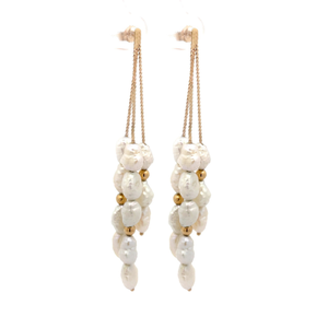 Baroque Freshwater Pearls & Spacer Bead Fringe Dangle Earrings in 14k Yellow Gold