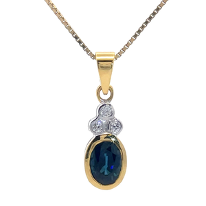 Modern Oval Cut Blue Sapphire & Diamond Trio Drop Pendant in 18k Two-Tone Gold