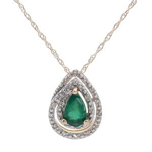 NEW Emerald & Diamond Double Halo Pear Drop Pendant Necklace in 14k Two-Tone Gold