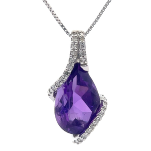 NEW 0.14 Carat Diamond & Amethyst Pave Drop Pendant in White Gold